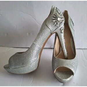 Gianni Bini Silver Rhinestones Platform High Heel Shoes Size 10 Peep Toe Glam